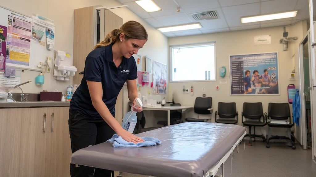 Professional cleaner wiping down an examination table in a clean Australian medical centre consultation room